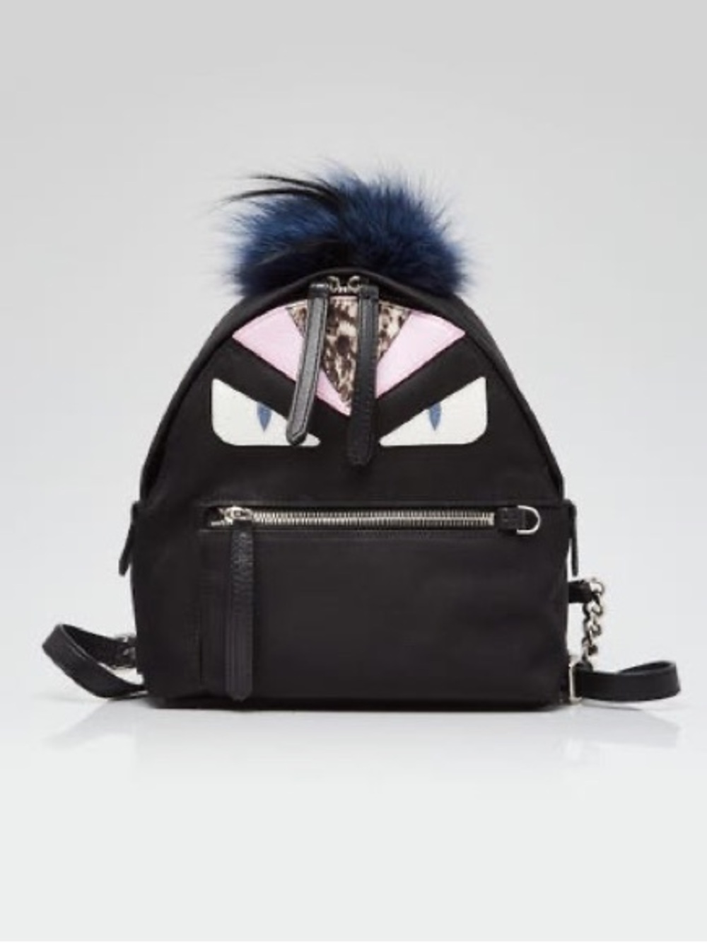 Black Fendi Mini Backpack with Playful Monster Eyes and Blue Fur Pom